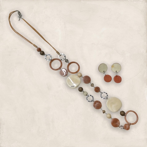 Jewelry - Long Beaded Silver Statement Necklace & Circle Dangle Earring Set Neutrals